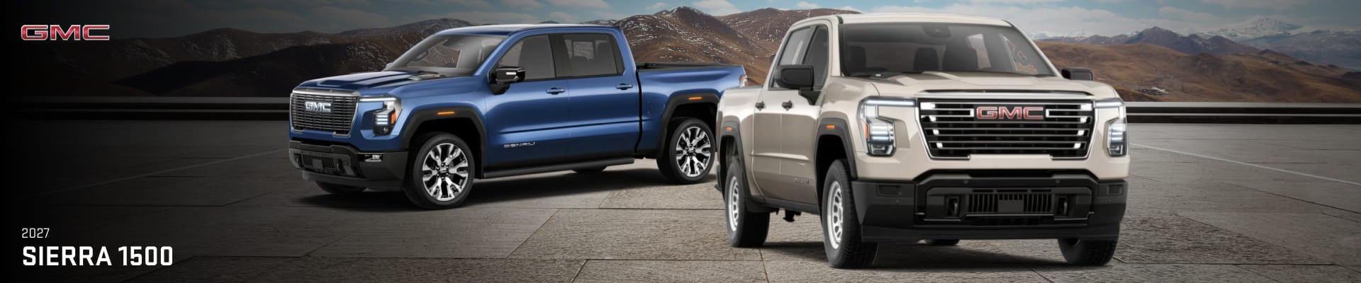 Blue and silver 2027 GMC Sierra 1500 pickup trucks displayed against a mountain backdrop.