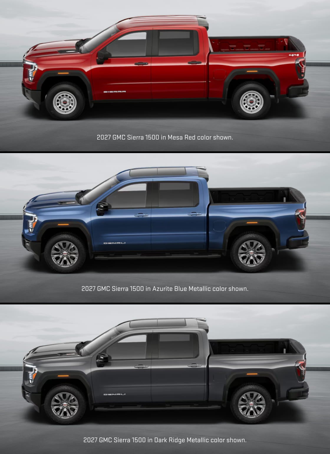 2027 GMC Sierra 1500 pickup trucks shown in Mesa Red, Azurite Blue Metallic, and Dark Ridge Metallic.
