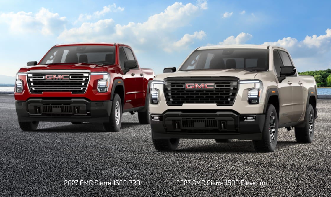 2027 GMC Sierra 1500 Pro and Elevation pickup trucks displayed side by side.