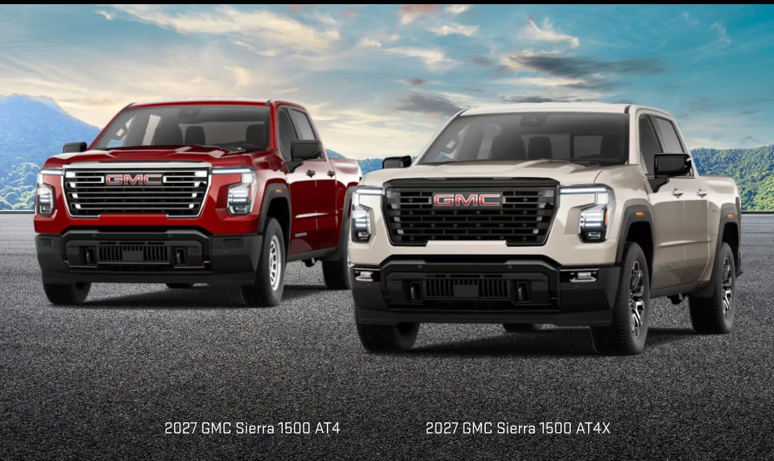 2027 GMC Sierra 1500 AT4 and AT4X pickup trucks displayed side by side.