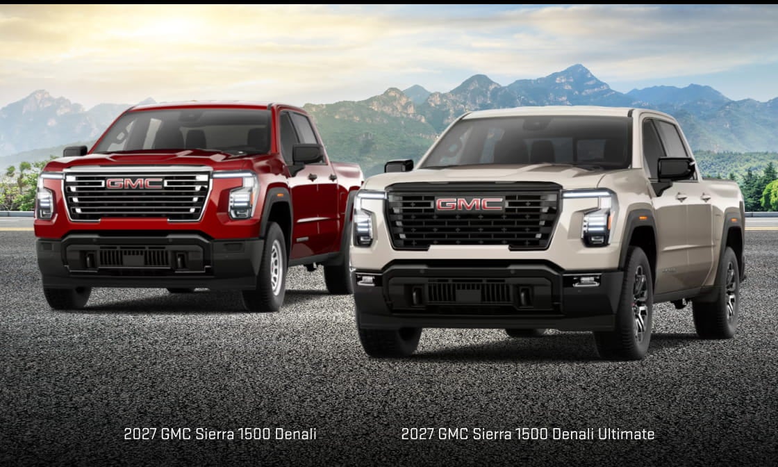2027 GMC Sierra 1500 Denali and Denali Ultimate pickup trucks displayed side by side.
