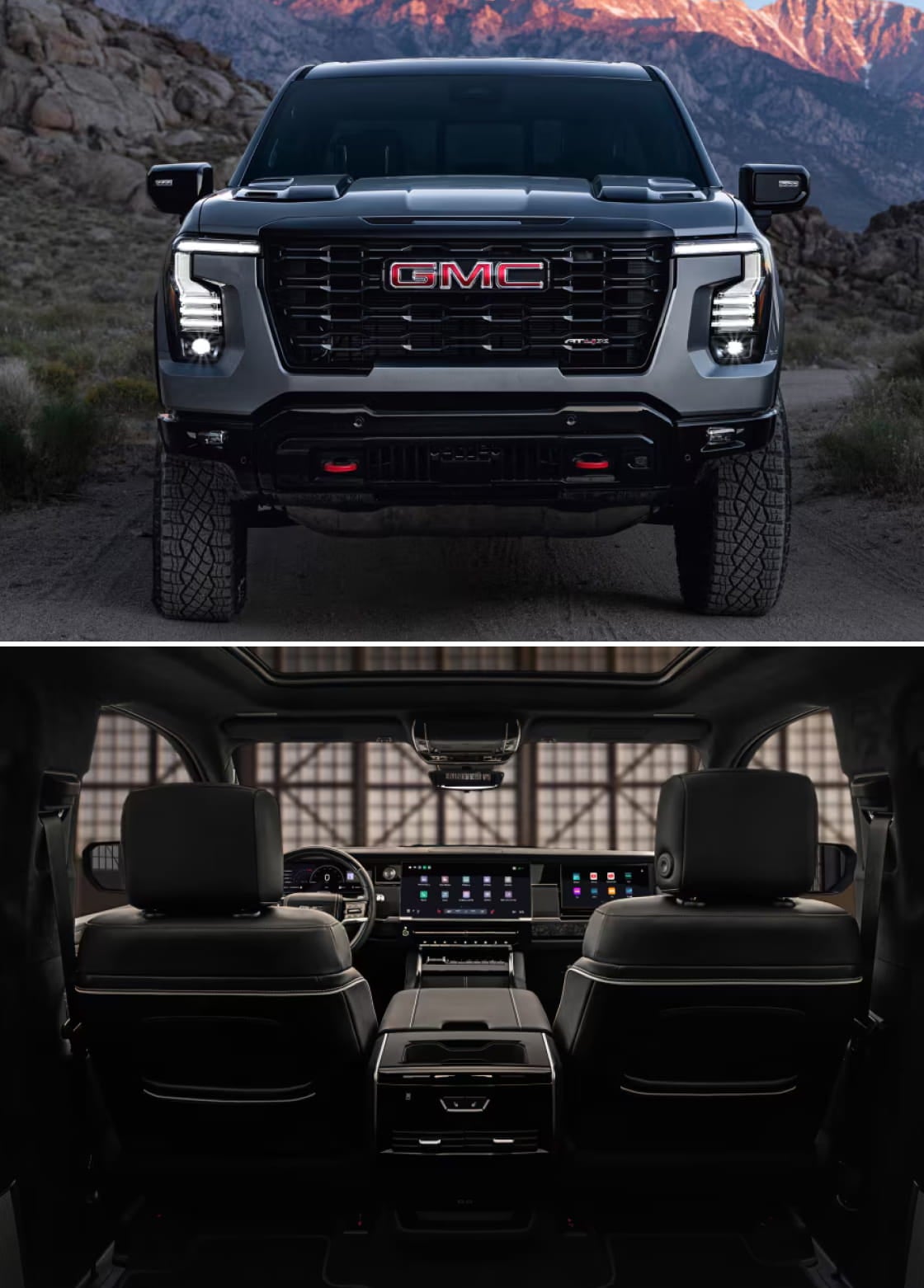 GMC Sierra 1500 pickup shown from the front in a rugged mountain setting, paired with a view of its spacious interior and digital displays.