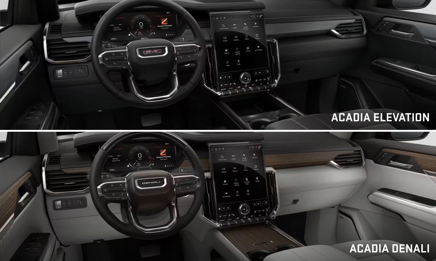 Interior comparison of the GMC Acadia Elevation with a dark cabin and the Acadia Denali with light seating and wood accents.