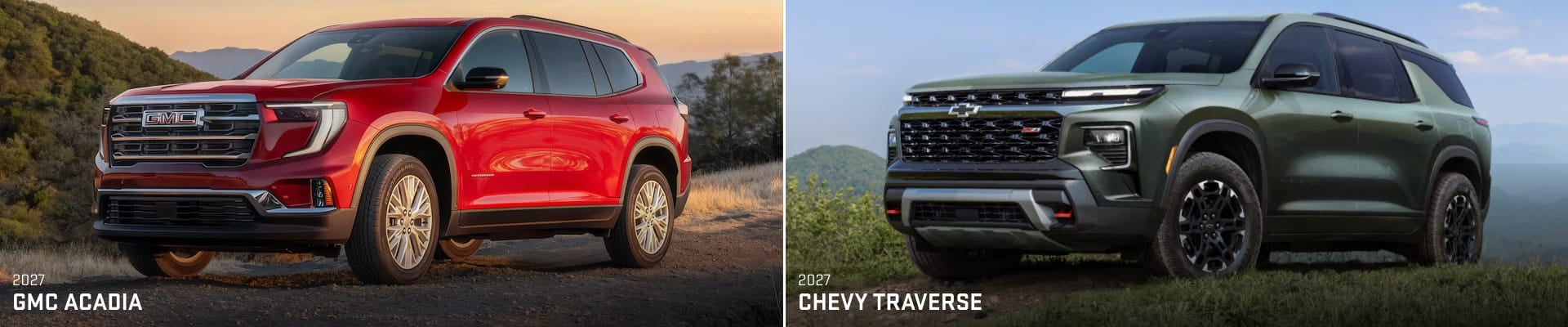 Red 2027 GMC Acadia Elevation and green Chevrolet Traverse shown side by side from front three-quarter angles.