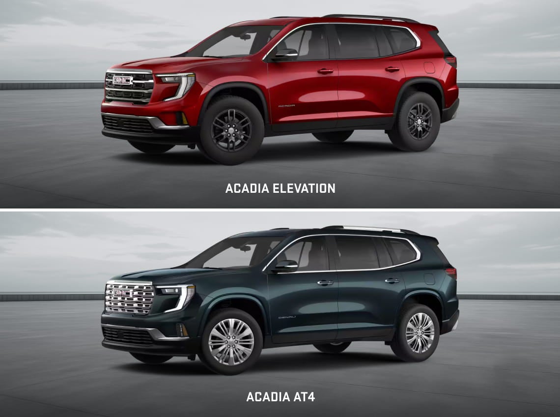 Red GMC Acadia Elevation shown above a dark green GMC Acadia AT4, both from front three-quarter angles.