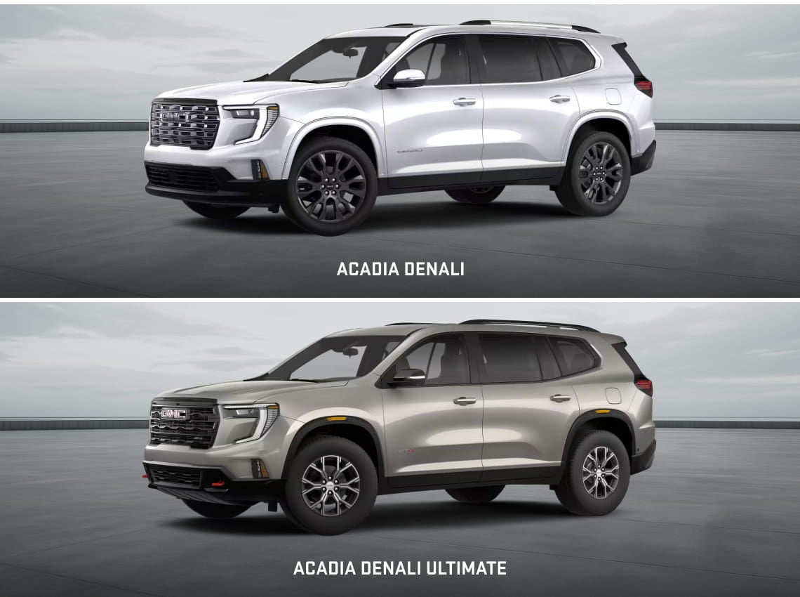 White GMC Acadia Denali shown above a silver GMC Acadia Denali Ultimate, both from front three-quarter angles.