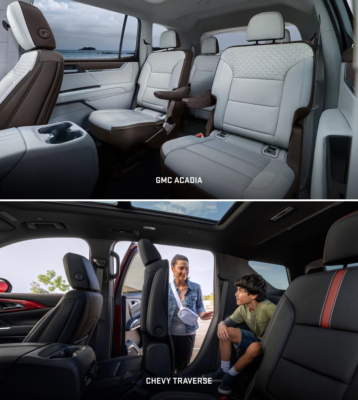 Interior comparison of the GMC Acadia with light-colored second-row captain’s chairs and the Chevrolet Traverse with dark seating and a panoramic roof.